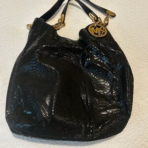 Michael Kors Black Snake-Embossed Hobo Shoulder Bag with Gold Charm